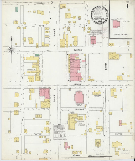 Sanborn Fire Insurance Map from Jacksonville, Calhoun County, Alabama (1900), Sheet #0001 - Complete Map Set gallery image, historic Sanborn map, vintage wall art, Alabama Alabama
