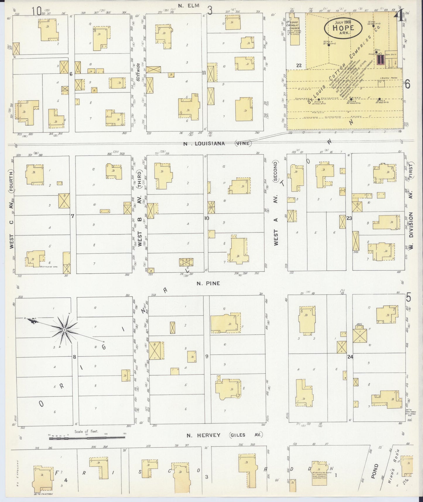 Sanborn Fire Insurance Map from Hope, Hempstead County, Arkansas (1908), Sheet #0004 - Complete Map Set gallery image, historic Sanborn map, vintage wall art, Arkansas Arkansas
