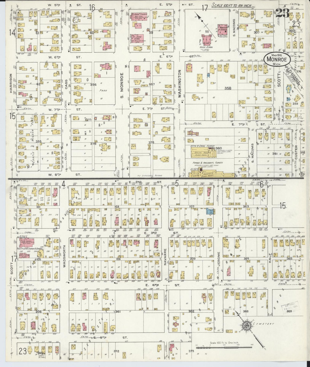 Sanborn Fire Insurance Map from Monroe, Monroe County, Michigan (1916), Sheet #0023 - Historic Sanborn Fire Insurance Map Print, vintage old map wall art, antique decor, genealogy gift, Michigan Michigan map