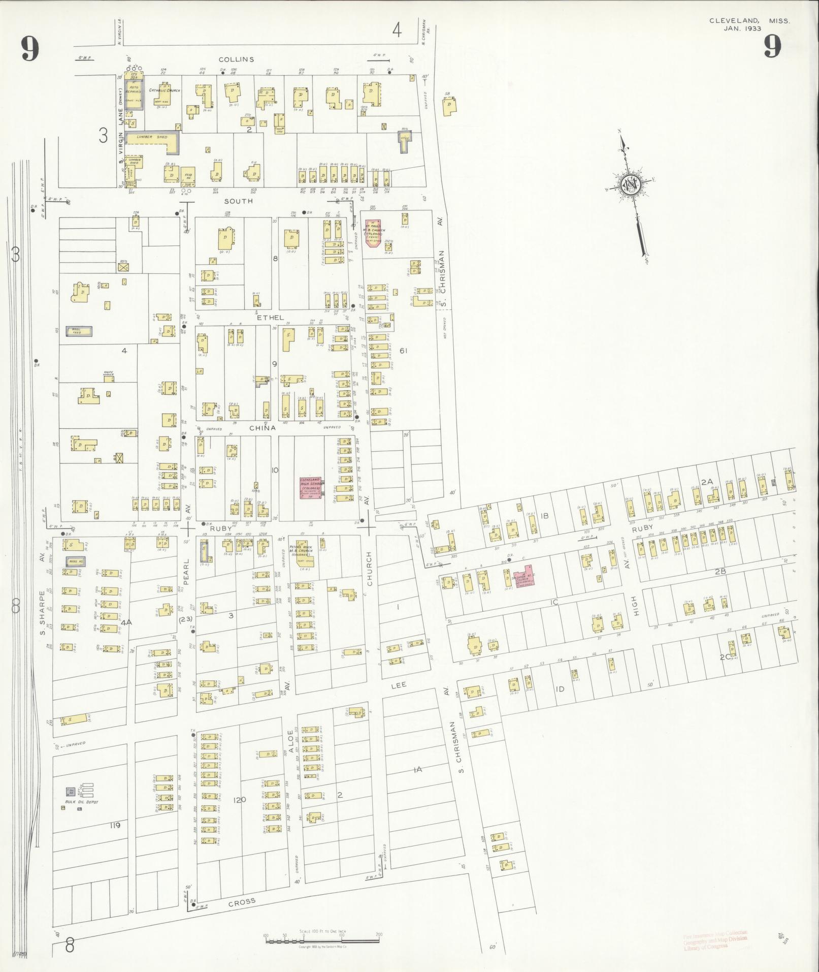 Sanborn Fire Insurance Map from Cleveland, Bolivar County, Mississippi (1933), Sheet #0009 - Complete Map Set gallery image, historic Sanborn map, vintage wall art, Mississippi Mississippi