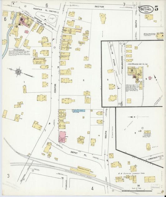 Sanborn Fire Insurance Map from Bethel, Fairfield County, Connecticut (1912), Sheet #0005 - Historic Sanborn Fire Insurance Map Print, vintage old map wall art, antique decor, genealogy gift, Connecticut Connecticut map