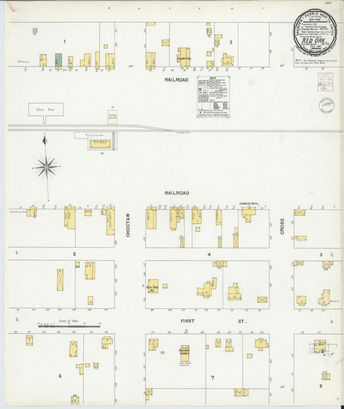 Sanborn Fire Insurance Map from Red Oak, Latimer County, Oklahoma (1901), Sheet #0001 - Historic Sanborn Fire Insurance Map Print, vintage old map wall art, antique decor, genealogy gift, Oklahoma Oklahoma map