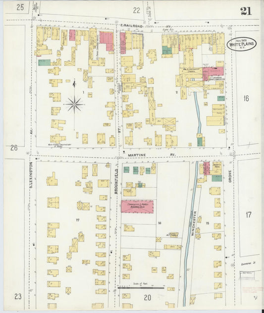 Sanborn Fire Insurance Map from White Plains, Westchester County, New York (1905), Sheet #0021 - Historic Sanborn Fire Insurance Map Print, vintage old map wall art, antique decor, genealogy gift, New York New York map