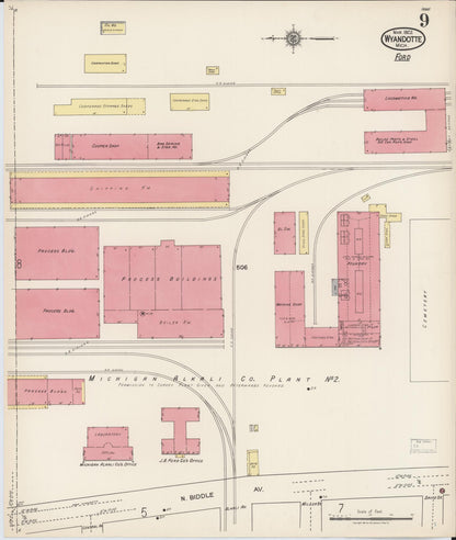 Sanborn Fire Insurance Map from Wyandotte, Wayne County, Michigan (1922), Sheet #0009 - Complete Map Set gallery image, historic Sanborn map, vintage wall art, Michigan Michigan