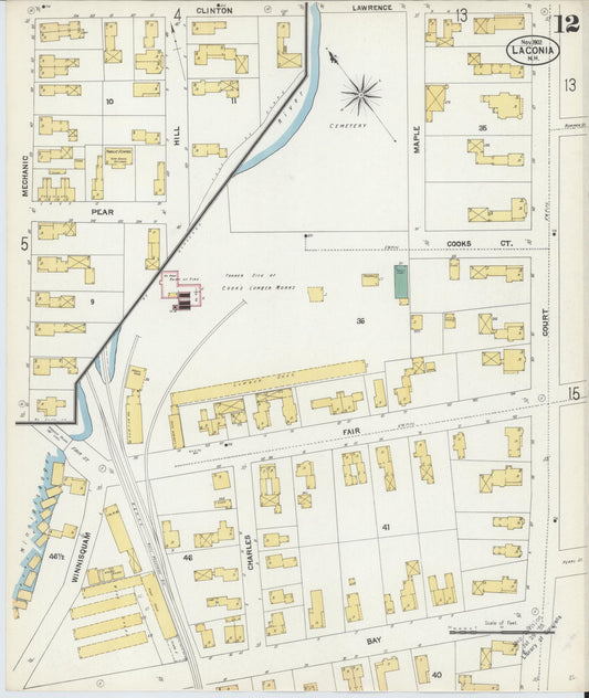 Sanborn Fire Insurance Map from Laconia, Belknap County, New Hampshire (1902), Sheet #0012 - Historic Sanborn Fire Insurance Map Print, vintage old map wall art, antique decor, genealogy gift, New Hampshire New Hampshire map