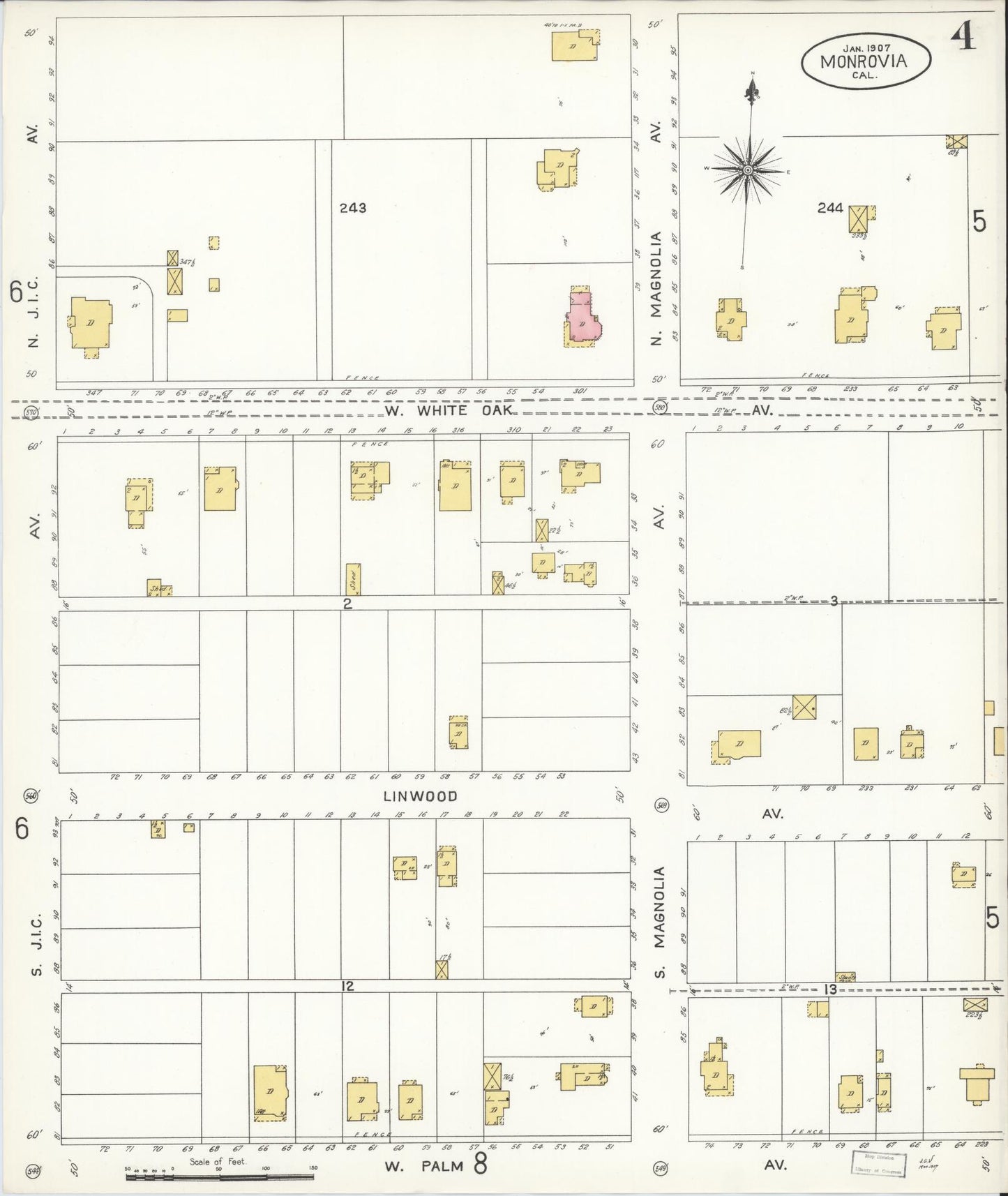Sanborn Fire Insurance Map from Monrovia, Los Angeles County, California (1907), Sheet #0004 - Complete Map Set gallery image, historic Sanborn map, vintage wall art, California California