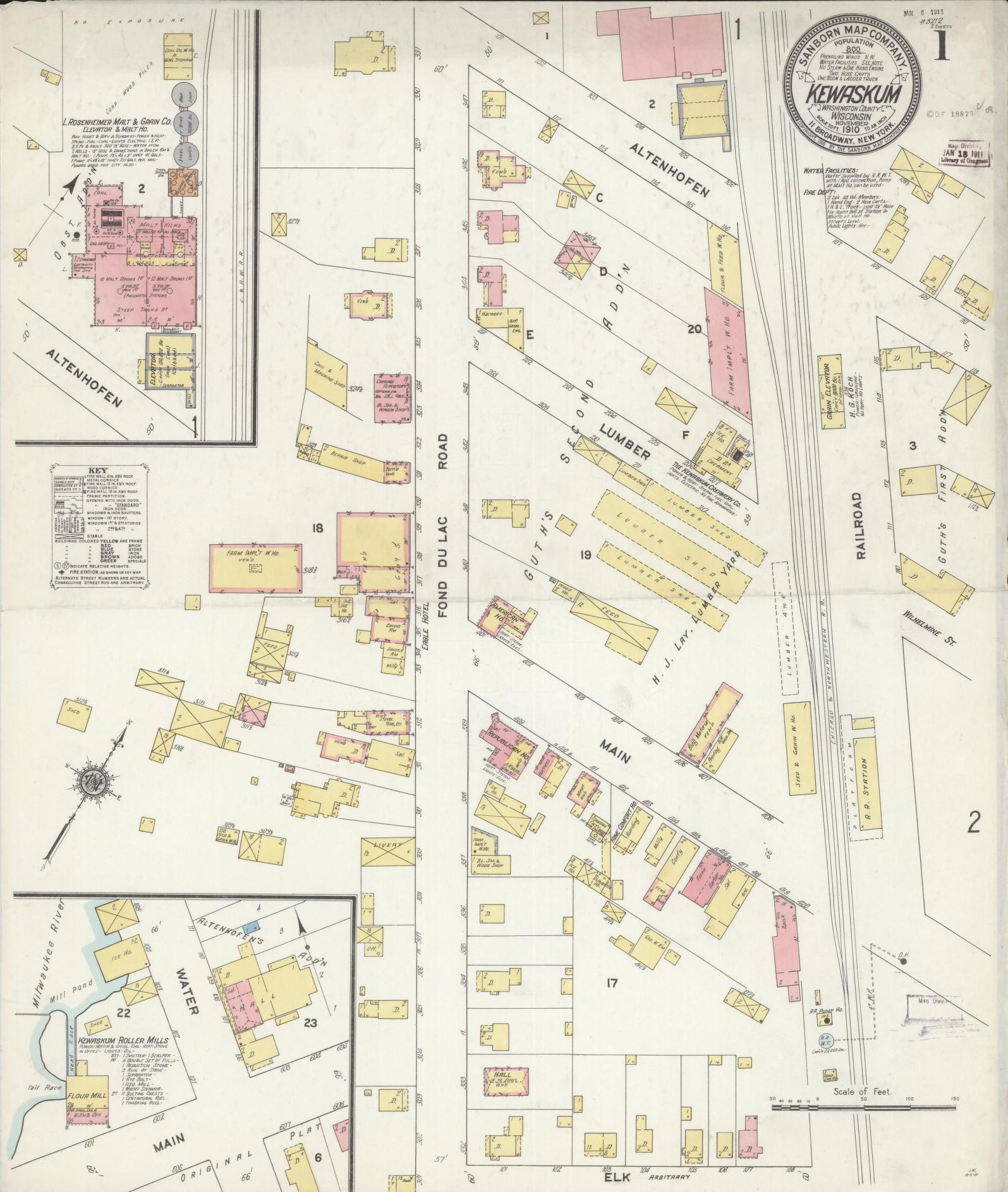 Sanborn Fire Insurance Map from Kewaskum, Washington County, Wisconsin (1910), Sheet #0001 - Historic Sanborn Fire Insurance Map Print, vintage old map wall art, antique decor, genealogy gift, Wisconsin Wisconsin map