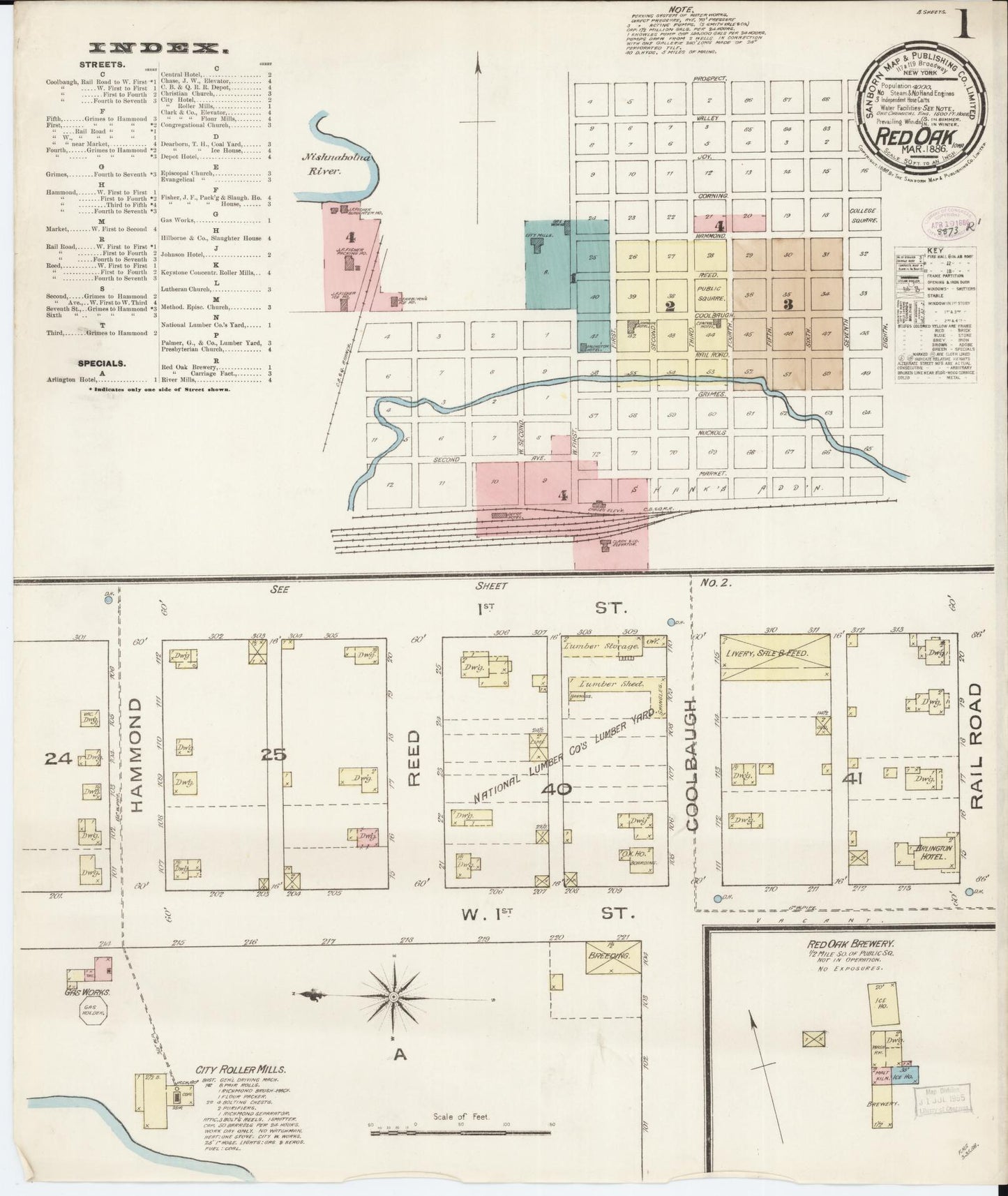 Sanborn Fire Insurance Map from Red Oak, Montgomery County, Iowa (1886), Sheet #0001 - Historic Sanborn Fire Insurance Map Print, vintage old map wall art