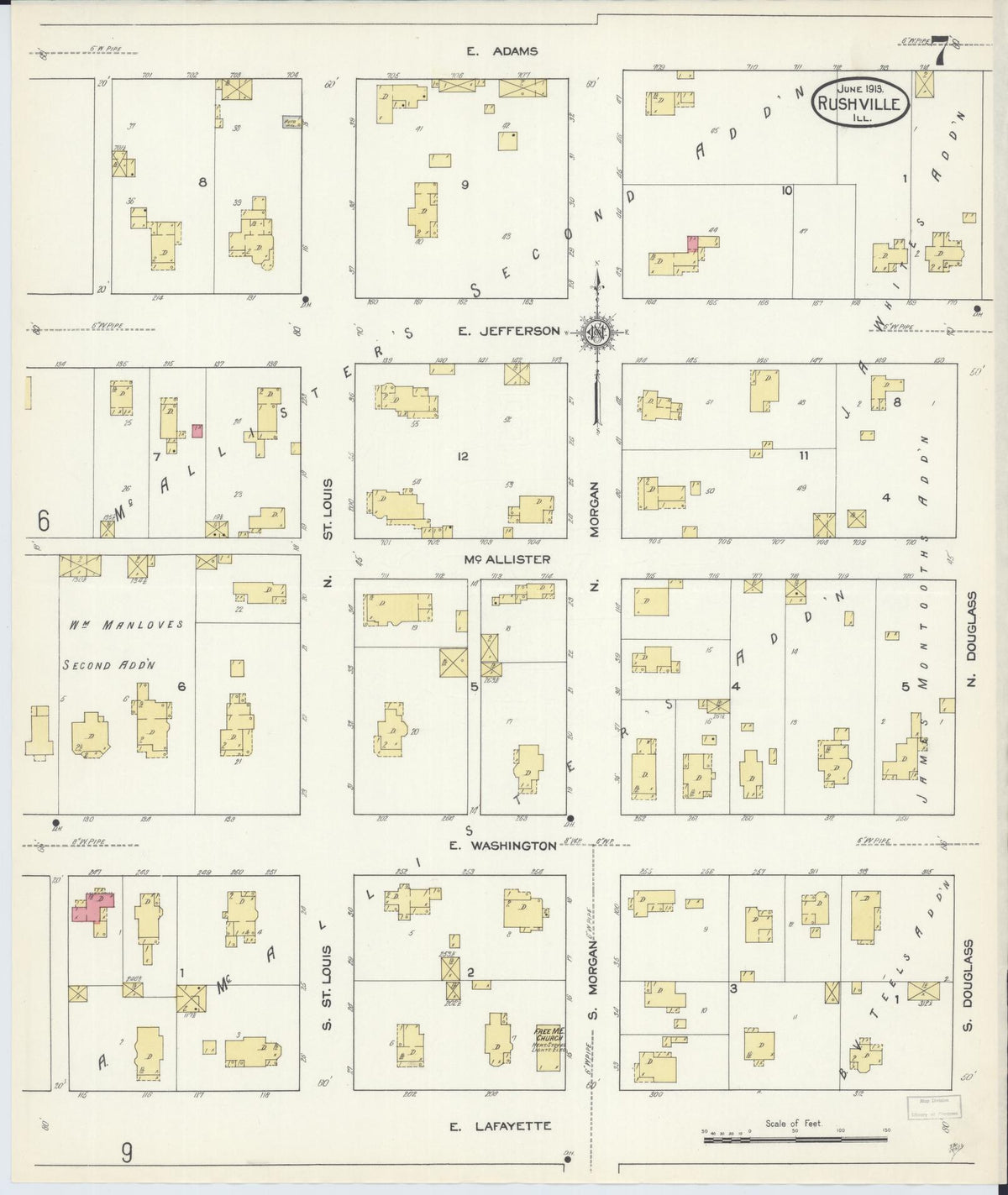 Sanborn Fire Insurance Map from Rushville, Schuyler County, Illinois (1913), Sheet #0007 - Complete Map Set gallery image, historic Sanborn map, vintage wall art, Illinois Illinois