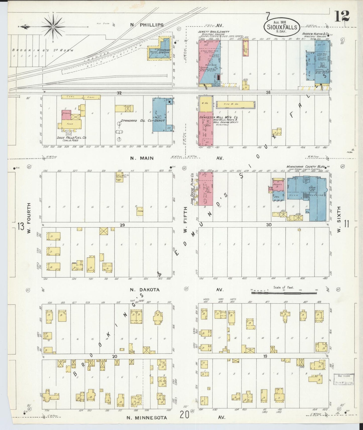 Sanborn Fire Insurance Map from Sioux Falls, Minnehaha County, South Dakota (1908), Sheet #0012 - Complete Map Set gallery image, historic Sanborn map, vintage wall art, South Dakota South Dakota