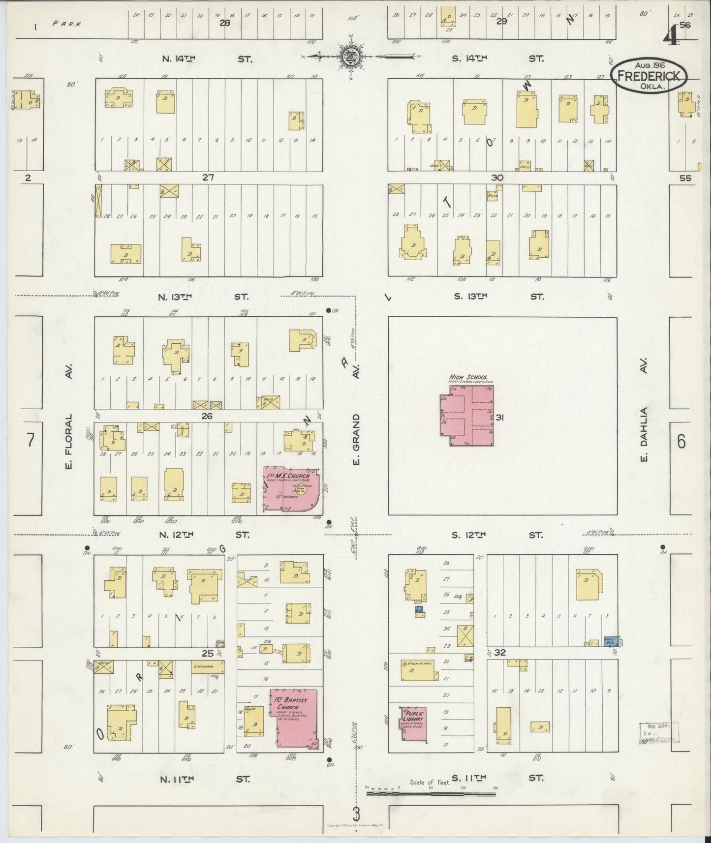 Sanborn Fire Insurance Map from Frederick, Tillman County, Oklahoma (1916), Sheet #0004 - Historic Sanborn Fire Insurance Map Print, vintage old map wall art, antique decor, genealogy gift, Oklahoma Oklahoma map