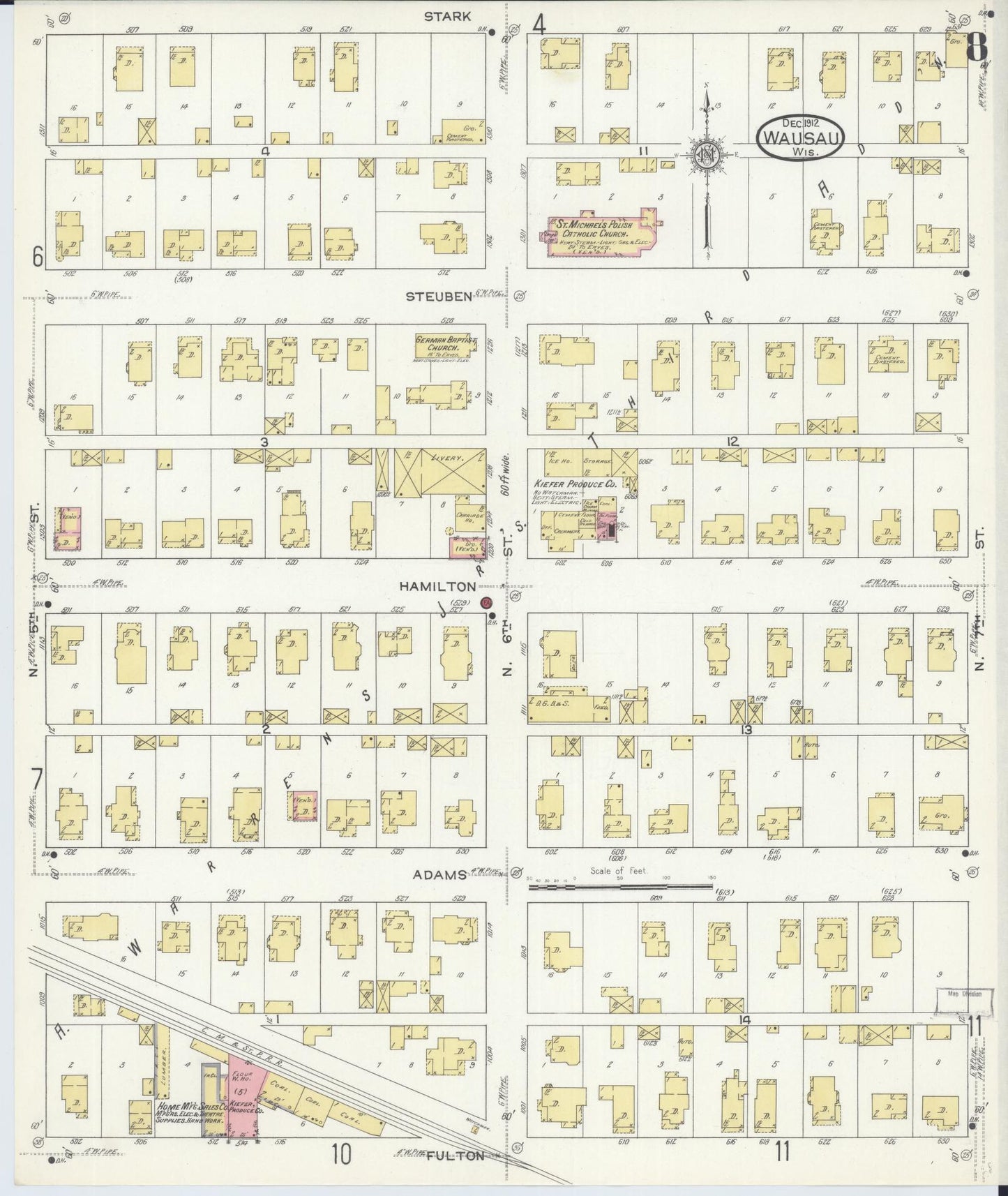 Sanborn Fire Insurance Map from Wausau, Marathon County, Wisconsin (1912), Sheet #0008 - Historic Sanborn Fire Insurance Map Print, vintage old map wall art, antique decor, genealogy gift, Wisconsin Wisconsin map