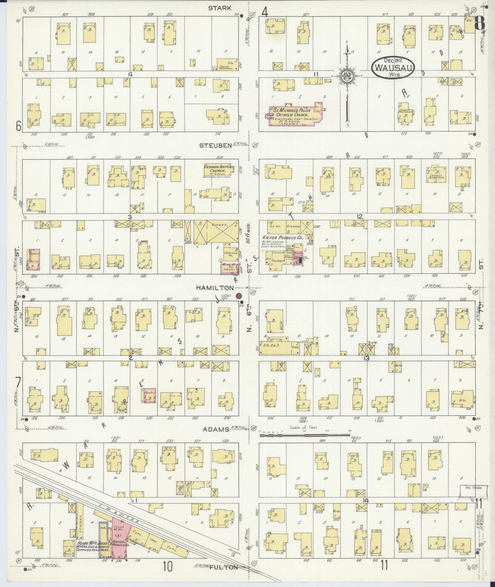 Sanborn Fire Insurance Map from Wausau, Marathon County, Wisconsin (1912), Sheet #0008 - Historic Sanborn Fire Insurance Map Print, vintage old map wall art, antique decor, genealogy gift, Wisconsin Wisconsin map