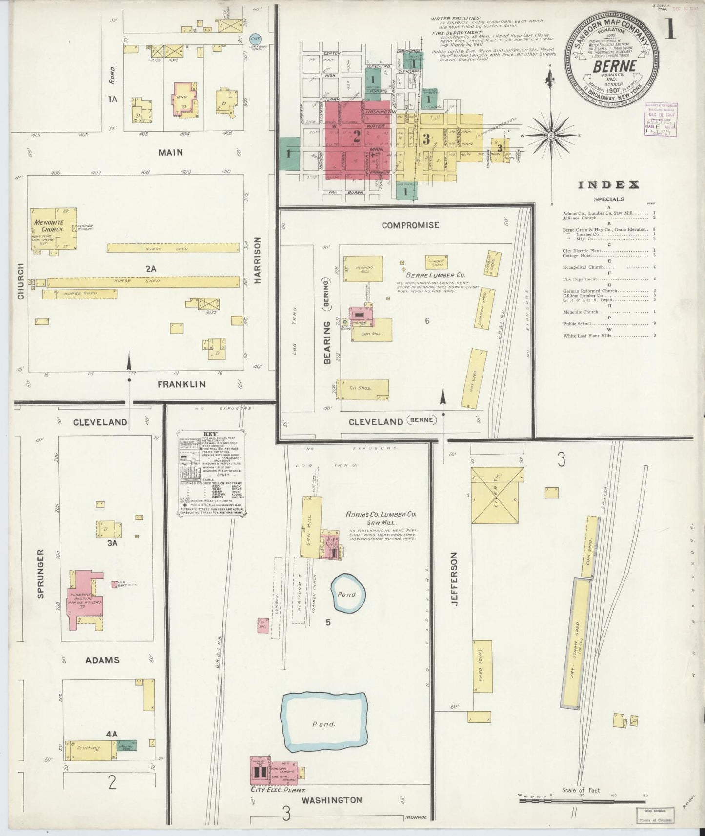 Sanborn Fire Insurance Map from Berne, Adams County, Indiana (1907), Sheet #0001 - Historic Sanborn Fire Insurance Map Print, vintage old map wall art, antique decor, genealogy gift, Indiana Indiana map