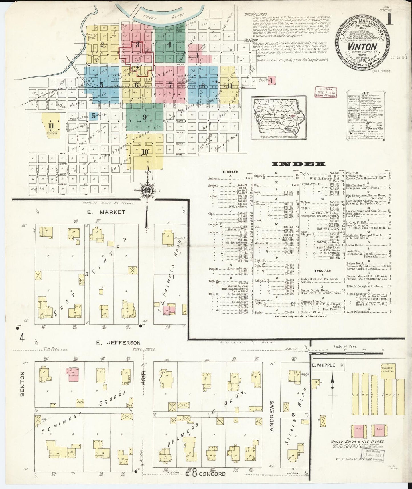 Sanborn Fire Insurance Map from Vinton, Benton County, Iowa (1913), Sheet #0001 - Historic Sanborn Fire Insurance Map Print, vintage old map wall art