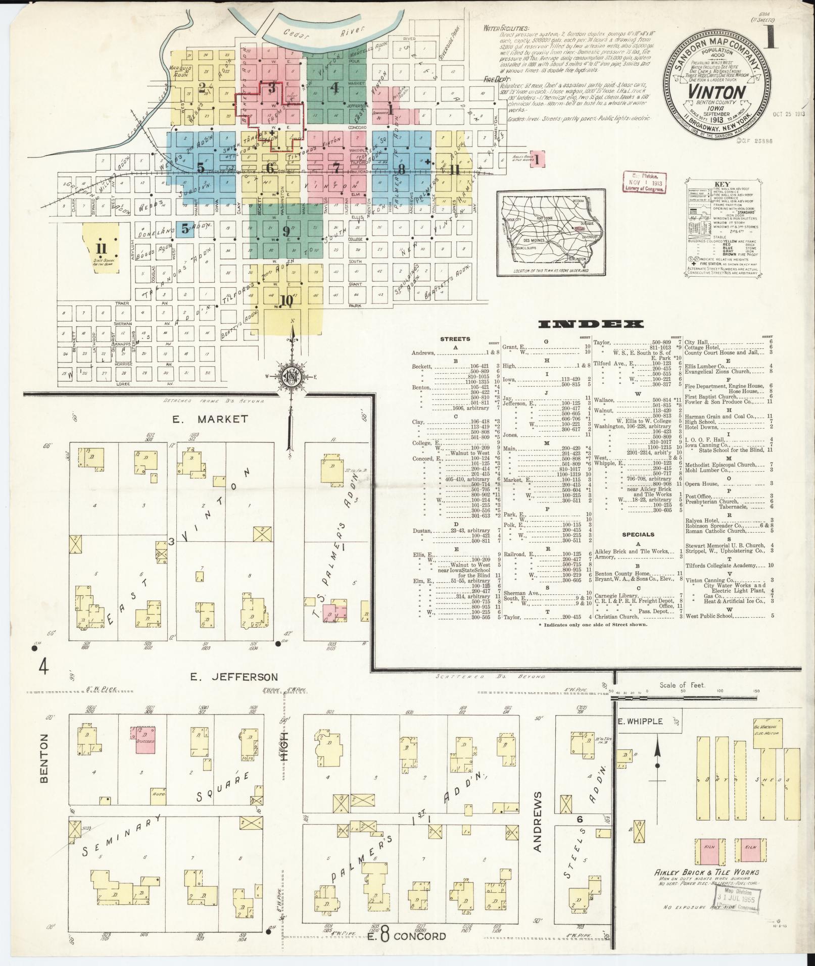 Sanborn Fire Insurance Map from Vinton, Benton County, Iowa (1913), Sheet #0001 - Historic Sanborn Fire Insurance Map Print, vintage old map wall art