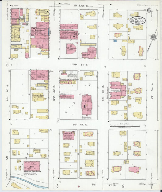 Sanborn Fire Insurance Map from Saint Cloud, Stearns, Benton, and Sherburne Counties, Minnesota (1919), Sheet #0006 - Historic Sanborn Fire Insurance Map Print, vintage old map wall art, antique decor, genealogy gift, Minnesota Minnesota map