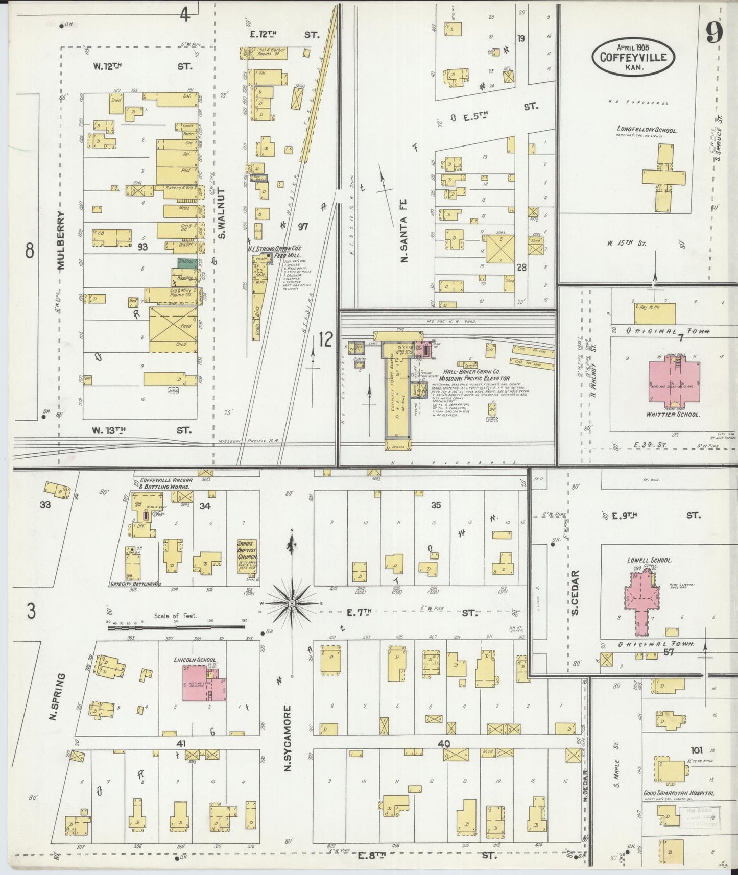 Sanborn Fire Insurance Map from Coffeyville, Montgomery County, Kansas (1905), Sheet #0009 - Historic Sanborn Fire Insurance Map Print, vintage old map wall art, antique decor, genealogy gift, Kansas Kansas map