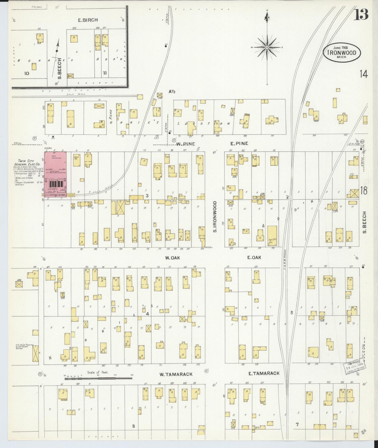 Sanborn Fire Insurance Map from Ironwood, Gogebic County, Michigan (1908), Sheet #0013 - Historic Sanborn Fire Insurance Map Print, vintage old map wall art, antique decor, genealogy gift, Michigan Michigan map