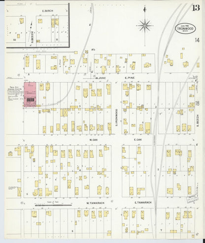Sanborn Fire Insurance Map from Ironwood, Gogebic County, Michigan (1908), Sheet #0013 - Historic Sanborn Fire Insurance Map Print, vintage old map wall art, antique decor, genealogy gift, Michigan Michigan map