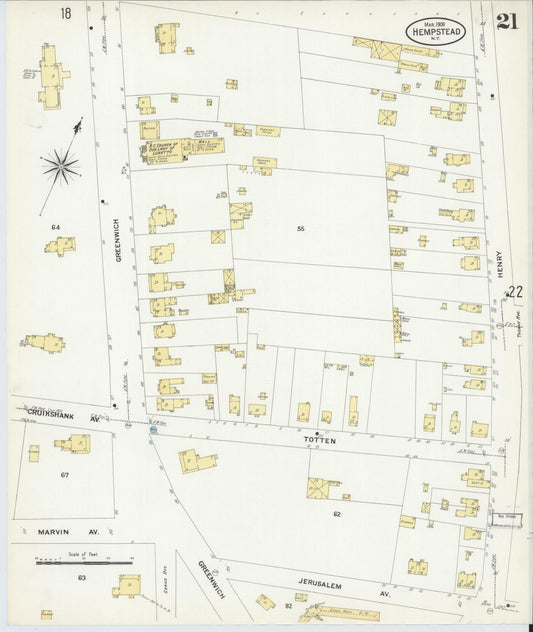 Sanborn Fire Insurance Map from Hempstead, Nassau County, New York (1909), Sheet #0021 - Historic Sanborn Fire Insurance Map Print, vintage old map wall art, antique decor, genealogy gift, New York New York map