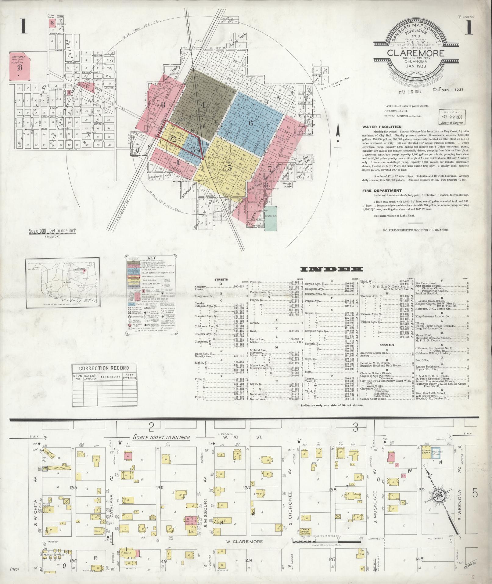 Sanborn Fire Insurance Map from Claremore, Rogers County, Oklahoma (1933), Sheet #0001 - Complete Map Set gallery image, historic Sanborn map, vintage wall art, Oklahoma Oklahoma