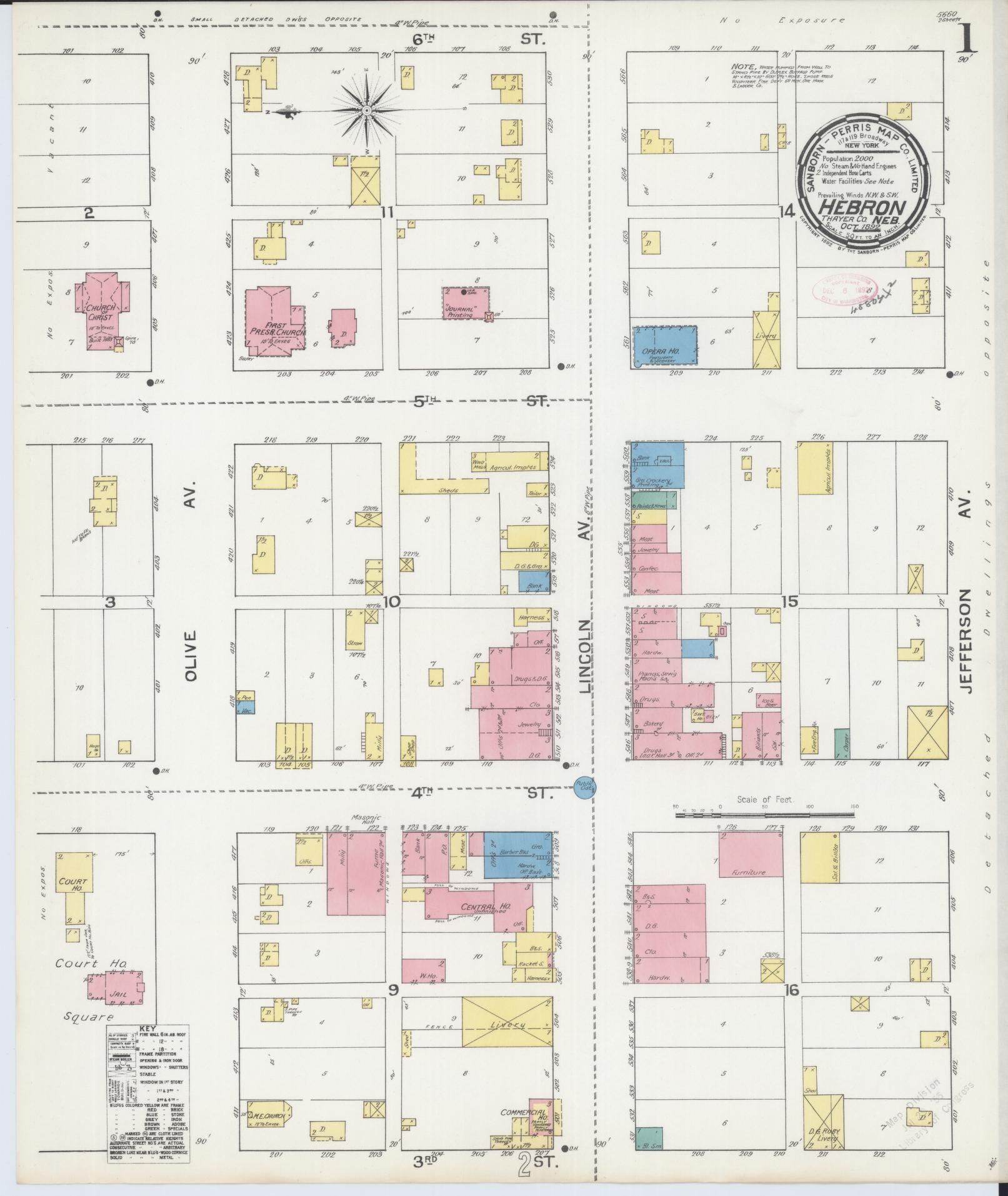 Sanborn Fire Insurance Map from Hebron, Thayer County, Nebraska (1892), Sheet #0001 - Historic Sanborn Fire Insurance Map Print, vintage old map wall art, antique decor, genealogy gift, Nebraska Nebraska map