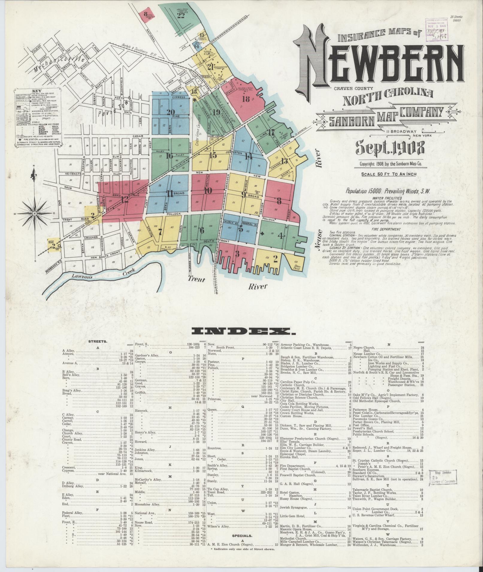 Sanborn Fire Insurance Map from New Bern, Craven County, North Carolina (1908), Sheet #0001 - Complete Map Set gallery image, historic Sanborn map, vintage wall art, North Carolina North Carolina