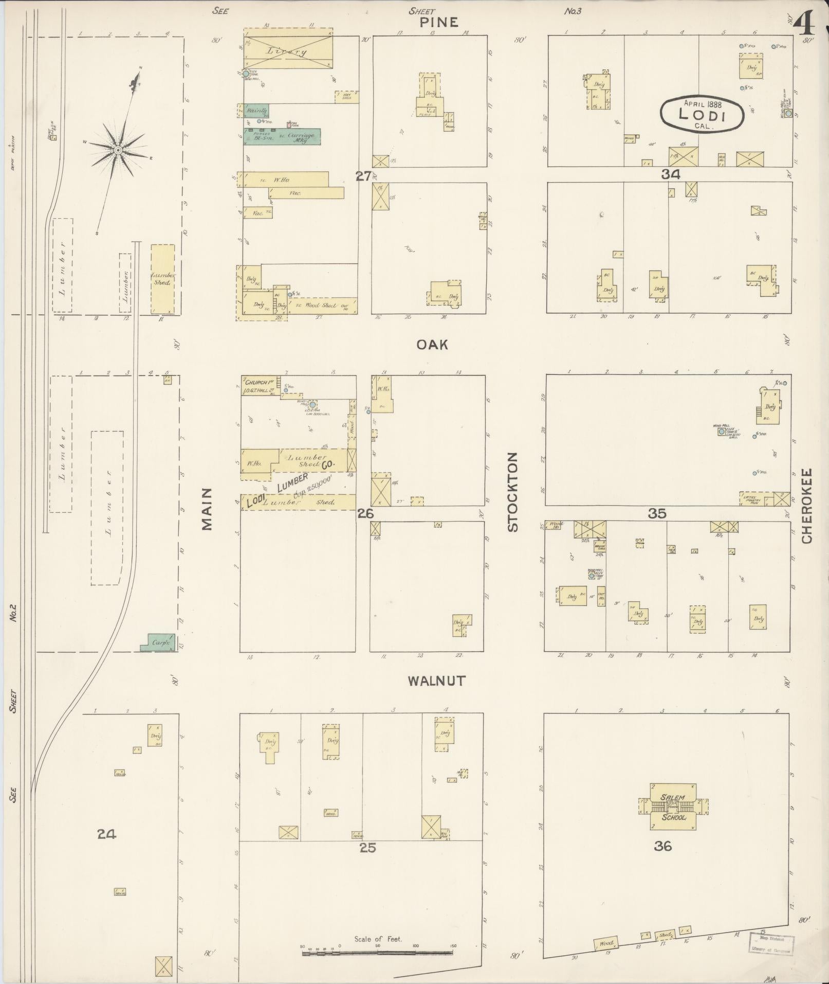 Sanborn Fire Insurance Map from Lodi, San Joaquin County, California (1888), Sheet #0004 - Historic Sanborn Fire Insurance Map Print, vintage old map wall art, antique decor, genealogy gift, California California map