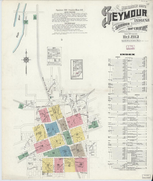 Sanborn Fire Insurance Map from Seymour, Jackson County, Indiana (1913), Sheet #0001 - Historic Sanborn Fire Insurance Map Print, vintage old map wall art, antique decor, genealogy gift, Indiana Indiana map