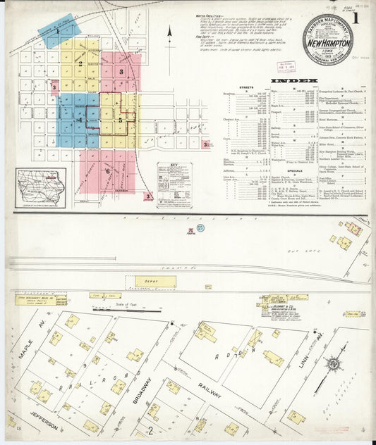 Sanborn Fire Insurance Map from New Hampton, Chickasaw County, Iowa (1913), Sheet #0001 - Historic Sanborn Fire Insurance Map Print, vintage old map wall art