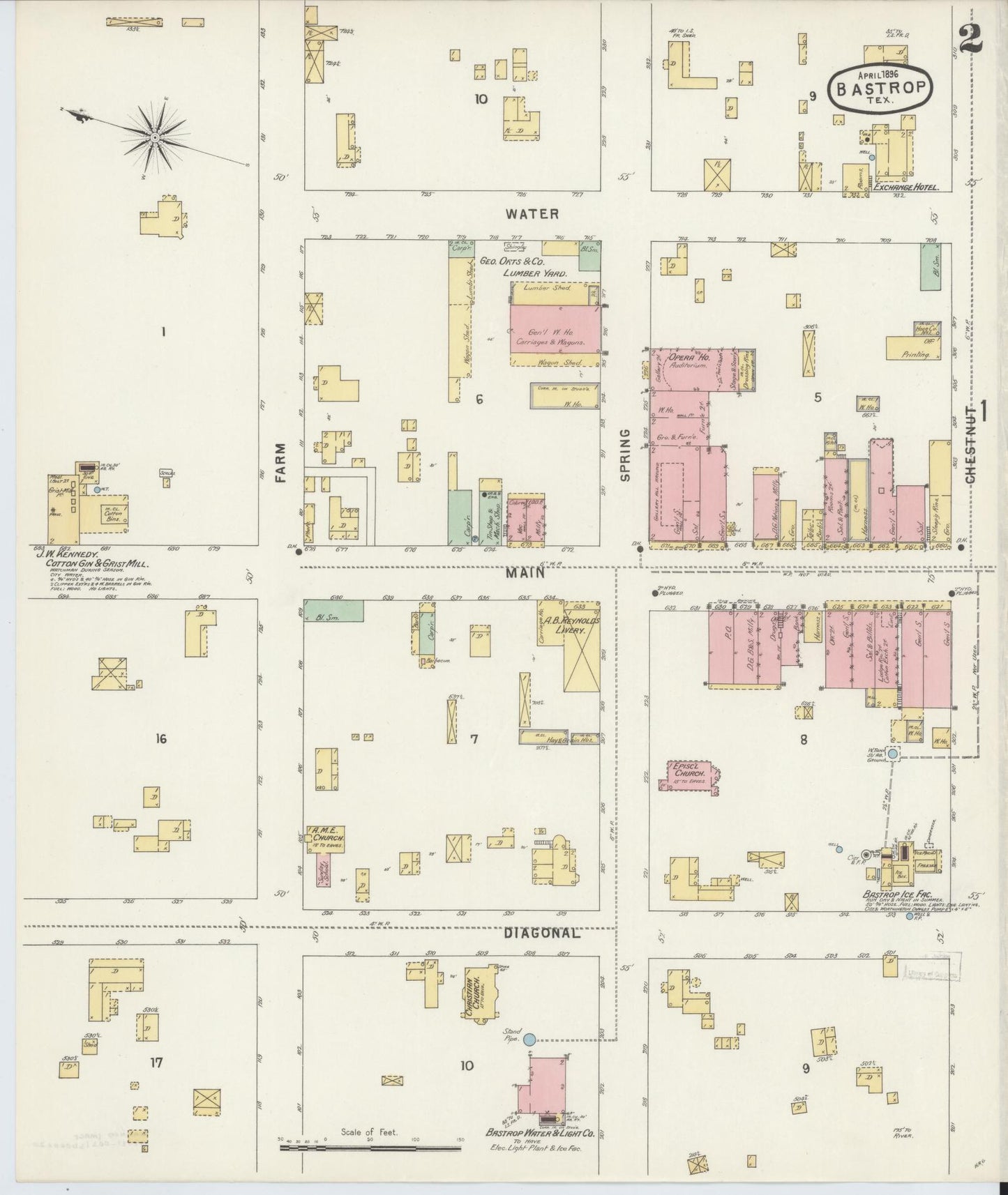 Sanborn Fire Insurance Map from Bastrop, Bastrop County, Texas (1896), Sheet #0002 - Historic Sanborn Fire Insurance Map Print, vintage old map wall art, antique decor, genealogy gift, Texas Texas map