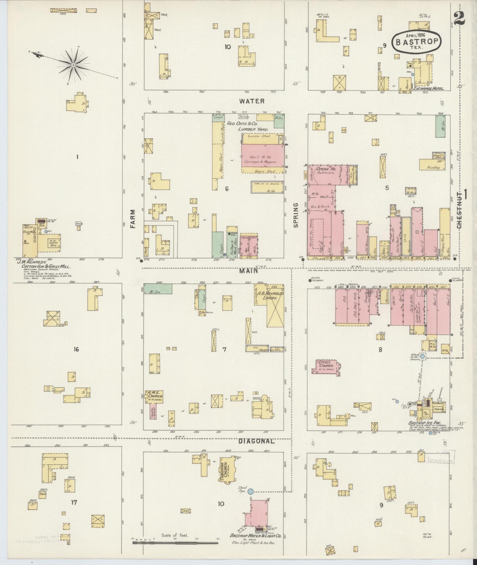 Sanborn Fire Insurance Map from Bastrop, Bastrop County, Texas (1896), Sheet #0002 - Historic Sanborn Fire Insurance Map Print, vintage old map wall art, antique decor, genealogy gift, Texas Texas map