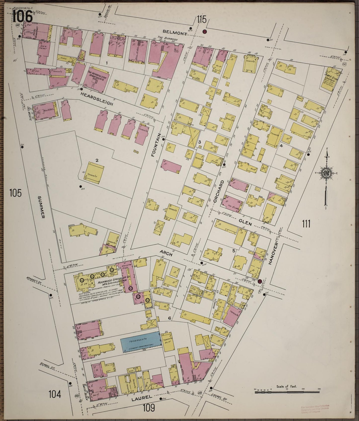 Sanborn Fire Insurance Map from Worcester, Worcester County, Massachusetts (1910), Sheet #0106 - Historic Sanborn Fire Insurance Map Print, vintage old map wall art, antique decor, genealogy gift, Massachusetts Massachusetts map