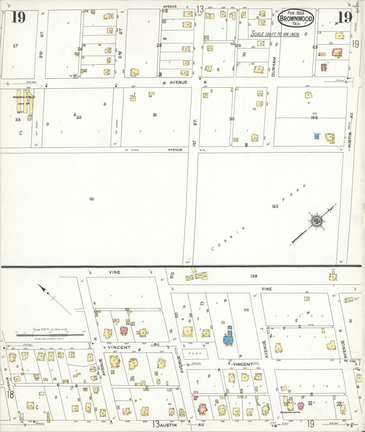 Sanborn Fire Insurance Map from Brownwood, Brown County, Texas (1923), Sheet #0019 - Historic Sanborn Fire Insurance Map Print, vintage old map wall art, antique decor, genealogy gift, Texas Texas map