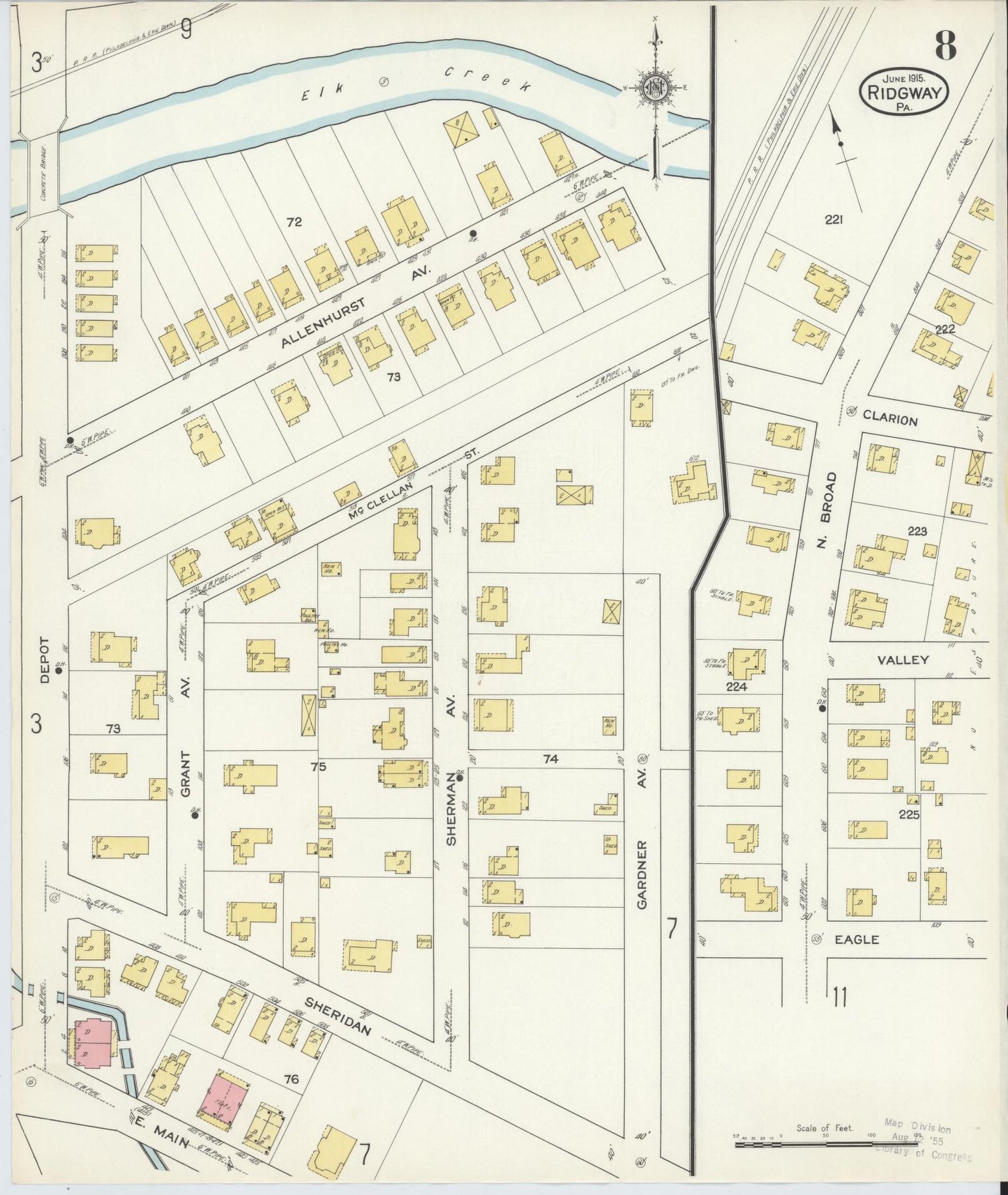Sanborn Fire Insurance Map from Ridgway, Elk County, Pennsylvania (1915), Sheet #0008 - Historic Sanborn Fire Insurance Map Print, vintage old map wall art, antique decor, genealogy gift, Pennsylvania Pennsylvania map