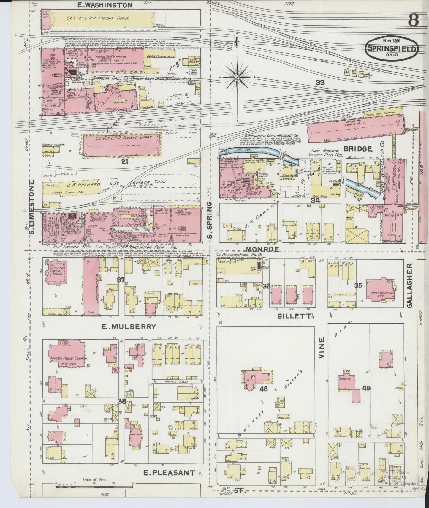 Sanborn Fire Insurance Map from Springfield, Clark County, Ohio (1891), Sheet #0008 - Complete Map Set gallery image, historic Sanborn map, vintage wall art, Ohio Ohio