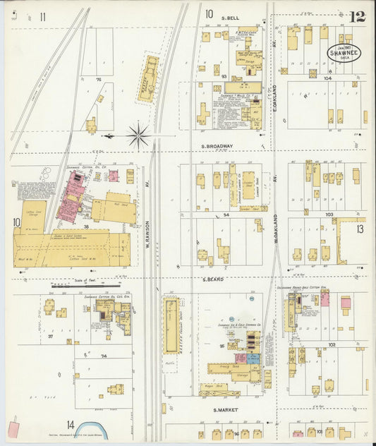 Sanborn Fire Insurance Map from Shawnee, Pottawatomie County, Oklahoma (1907), Sheet #0012 - Historic Sanborn Fire Insurance Map Print, vintage old map wall art, antique decor, genealogy gift, Oklahoma Oklahoma map
