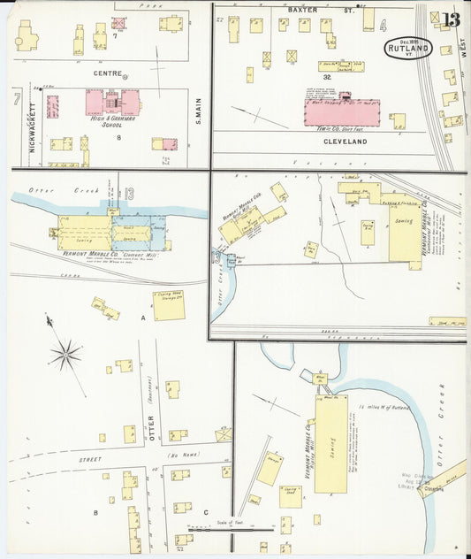 Sanborn Fire Insurance Map from Rutland, Rutland County, Vermont (1895), Sheet #0013 - Historic Sanborn Fire Insurance Map Print, vintage old map wall art, antique decor, genealogy gift, Vermont Vermont map