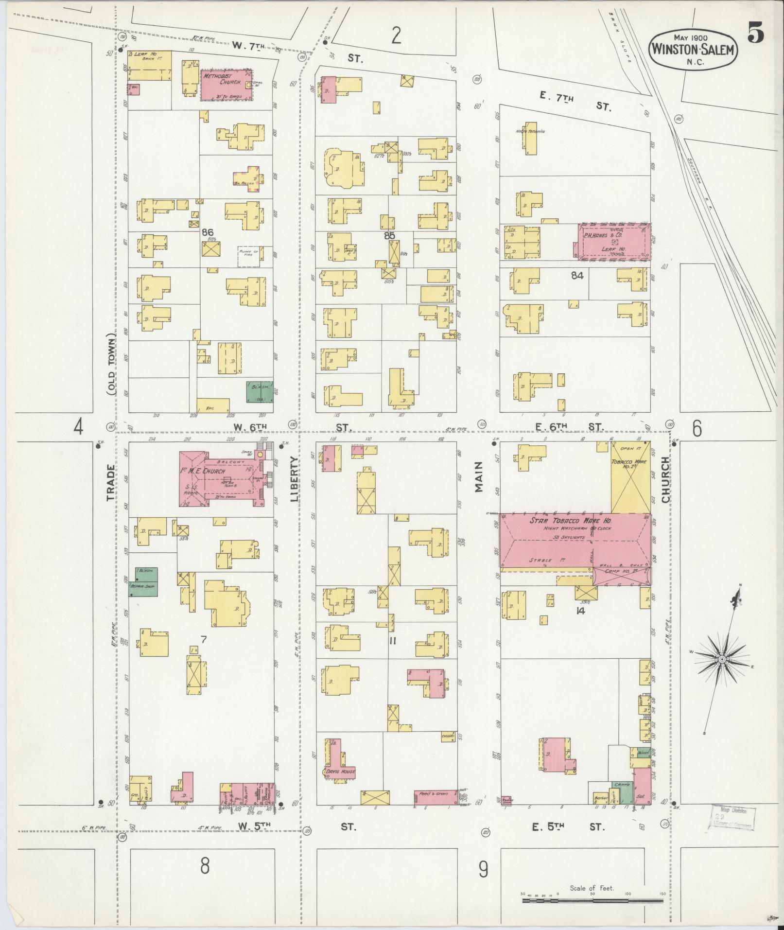 Sanborn Fire Insurance Map from Winston-Salem, Forsyth County, North Carolina (1900), Sheet #0005 - Complete Map Set gallery image, historic Sanborn map, vintage wall art, North Carolina North Carolina