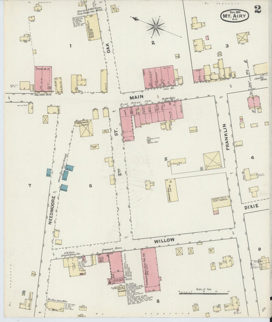 Sanborn Fire Insurance Map from Mount Airy, Surry County, North Carolina (1891), Sheet #0002 - Historic Sanborn Fire Insurance Map Print, vintage old map wall art, antique decor, genealogy gift, North Carolina North Carolina map