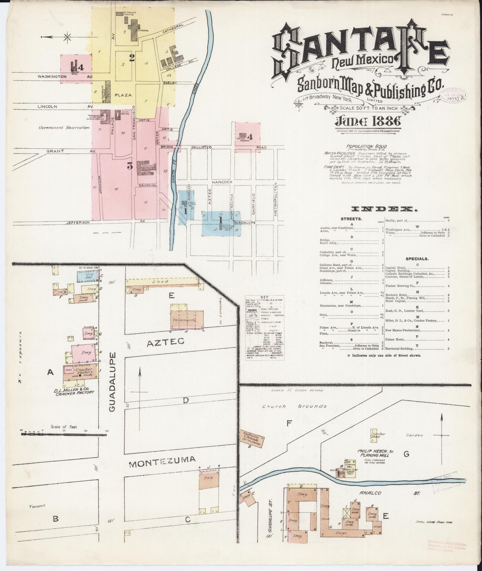 Sanborn Fire Insurance Map from Santa Fe, Santa Fe County, New Mexico (1886), Sheet #0001 - Historic Sanborn Fire Insurance Map Print, vintage old map wall art, antique decor, genealogy gift, New Mexico New Mexico map