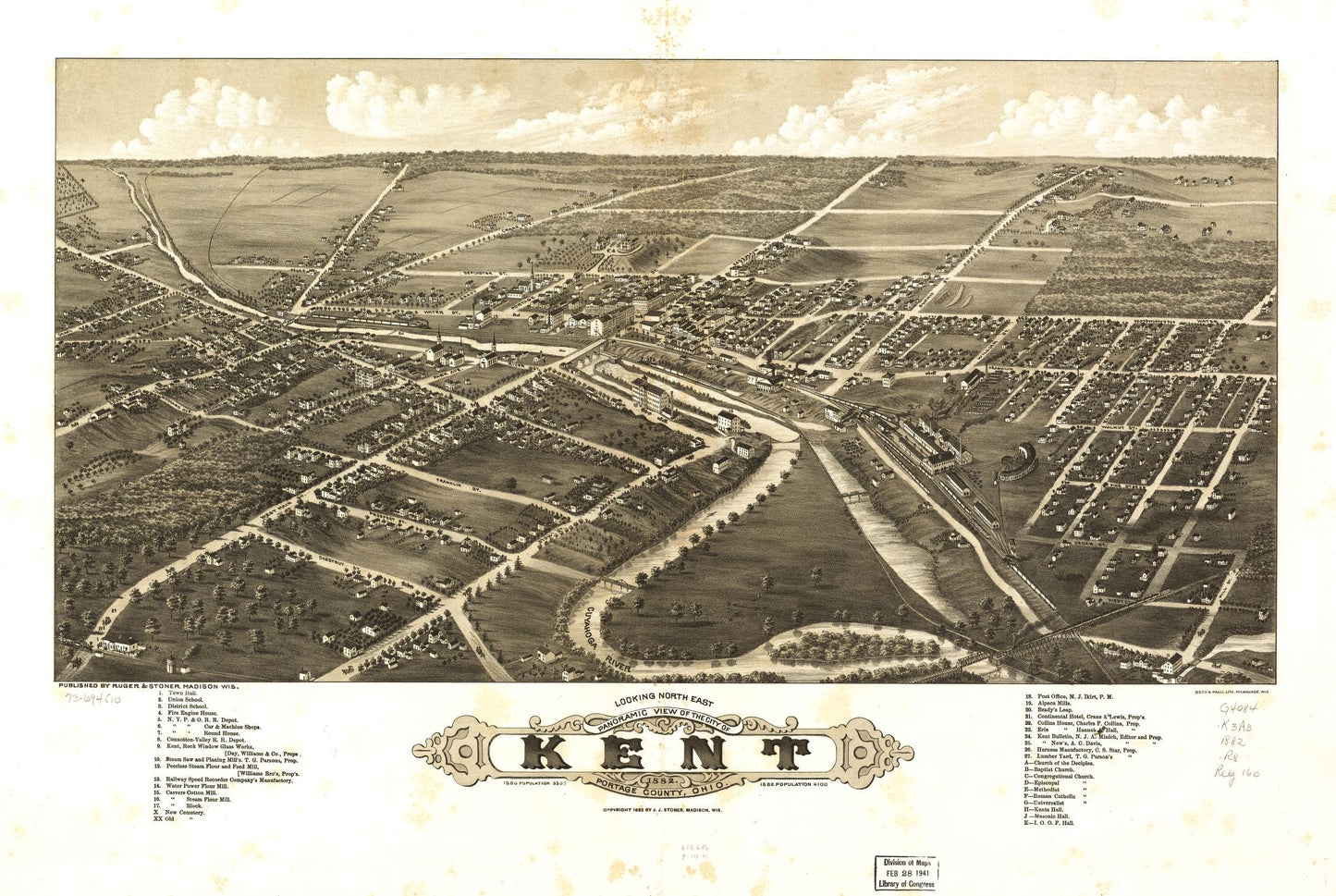 Panoramic view of the city of Kent, Portage County, Ohio 1882. (1882) – Historic Bird’s-Eye View Panorama Print