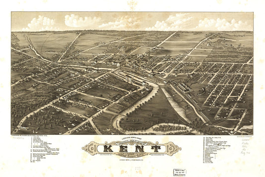 Panoramic view of the city of Kent, Portage County, Ohio 1882. (1882) – Historic Bird’s-Eye View Panorama Print