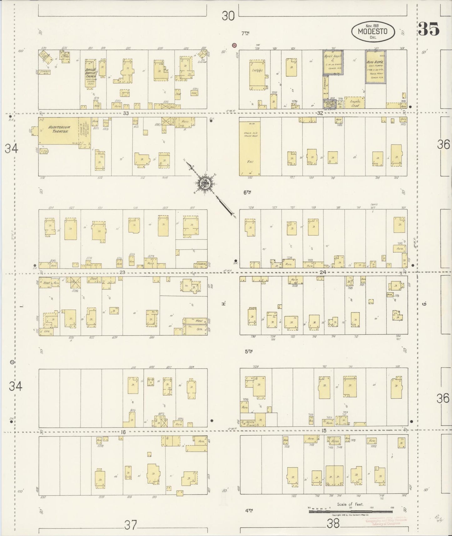 Sanborn Fire Insurance Map from Modesto, Stanislaus County, California (1919), Sheet #0035 - Historic Sanborn Fire Insurance Map Print, vintage old map wall art, antique decor, genealogy gift, California California map
