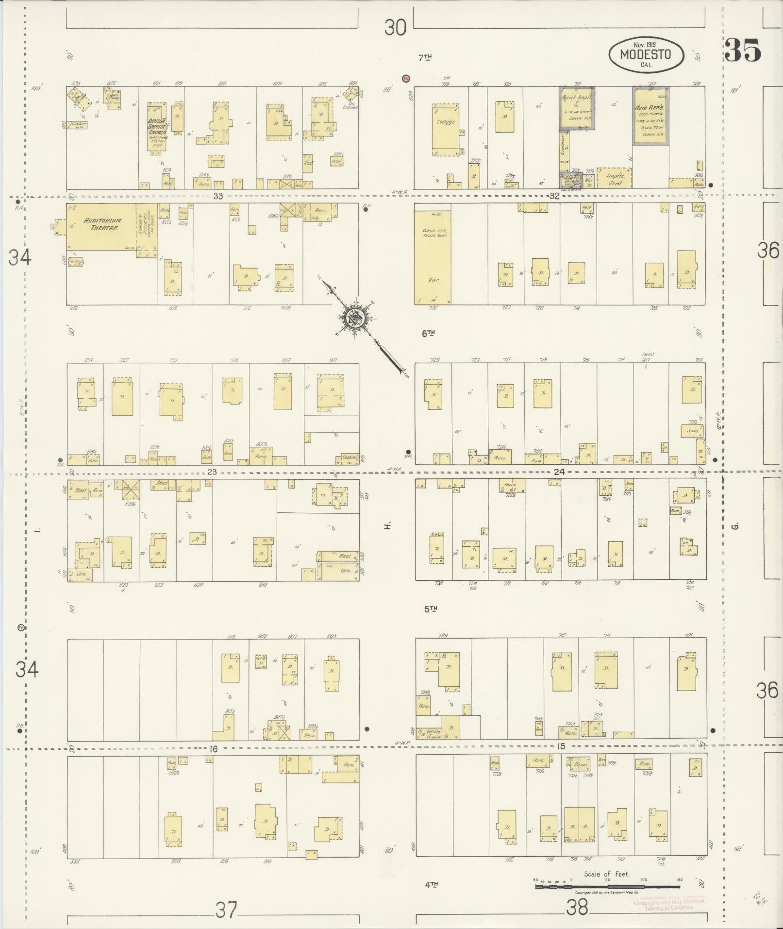 Sanborn Fire Insurance Map from Modesto, Stanislaus County, California (1919), Sheet #0035 - Historic Sanborn Fire Insurance Map Print, vintage old map wall art, antique decor, genealogy gift, California California map