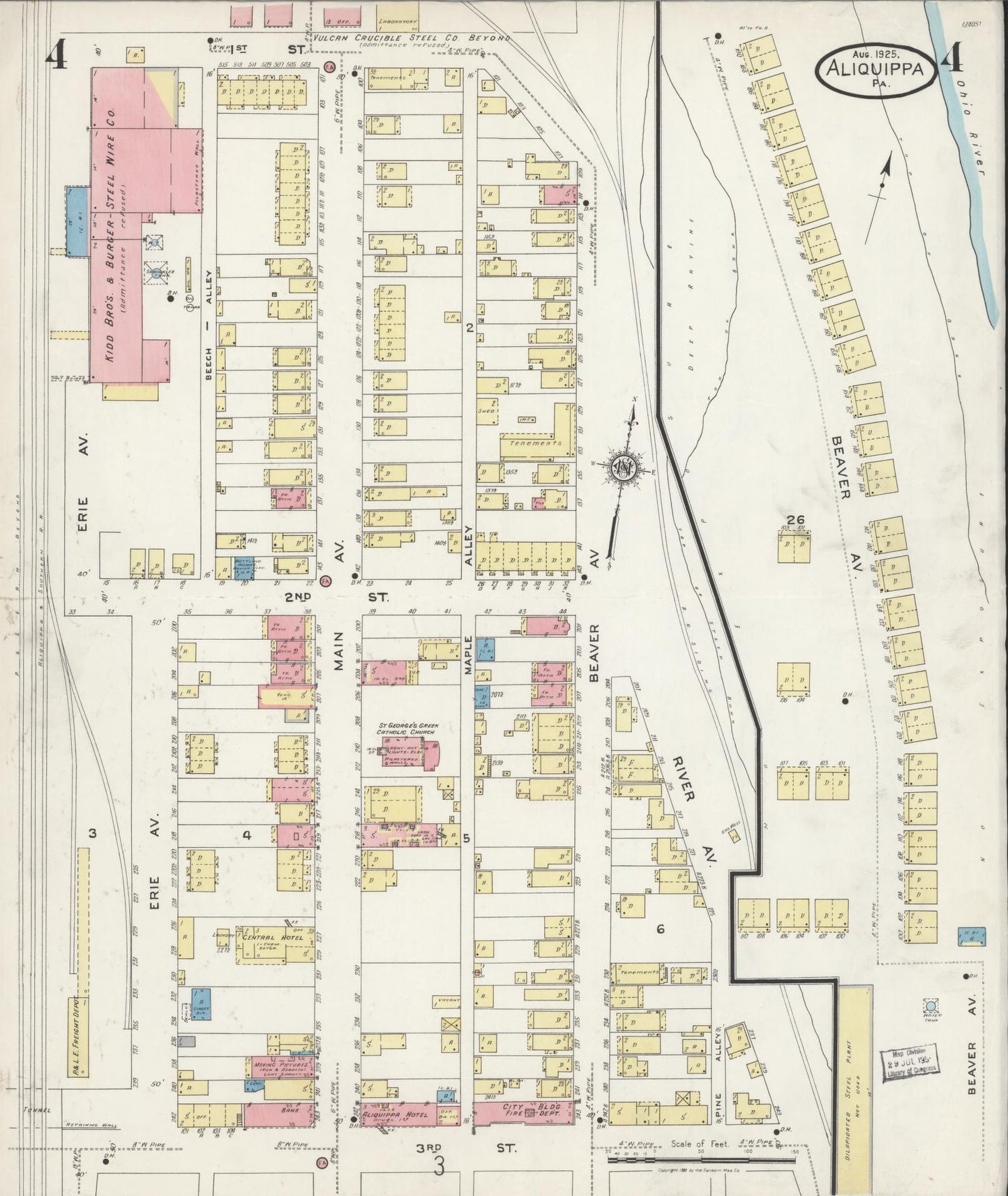 Sanborn Fire Insurance Map from Aliquippa, Beaver County, Pennsylvania (1925), Sheet #0004 - Historic Sanborn Fire Insurance Map Print, vintage old map wall art, antique decor, genealogy gift, Pennsylvania Pennsylvania map