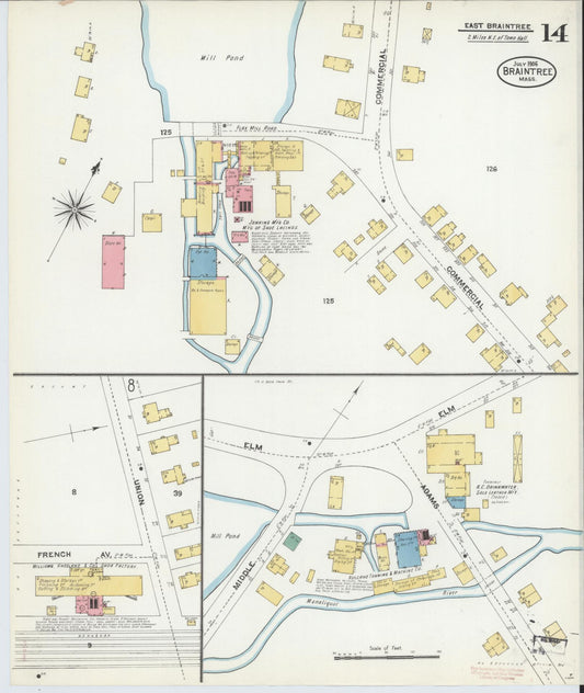 Sanborn Fire Insurance Map from Braintree, Norfolk County, Massachusetts (1906), Sheet #0014 - Historic Sanborn Fire Insurance Map Print, vintage old map wall art, antique decor, genealogy gift, Massachusetts Massachusetts map