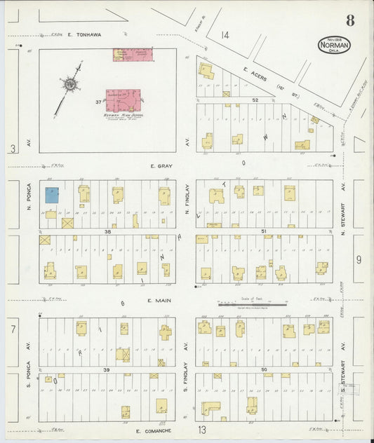 Sanborn Fire Insurance Map from Norman, Cleveland County, Oklahoma (1918), Sheet #0008 - Historic Sanborn Fire Insurance Map Print, vintage old map wall art, antique decor, genealogy gift, Oklahoma Oklahoma map