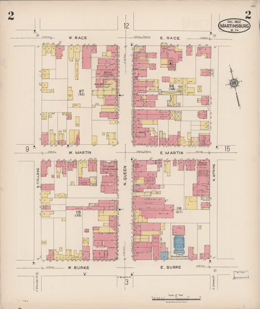 Sanborn Fire Insurance Map from Martinsburg, Berkeley County, West Virginia (1922), Sheet #0002 - Historic Sanborn Fire Insurance Map Print, vintage old map wall art, antique decor, genealogy gift, West Virginia West Virginia map